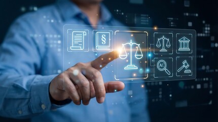 Businessman engaging with futuristic digital interface featuring law and justice icons, symbolizing innovation in legal technology and modern business practices.