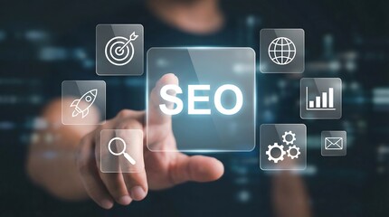 Person engaged with SEO optimization interface and digital icons, conveying strategy and growth in online business and marketing.