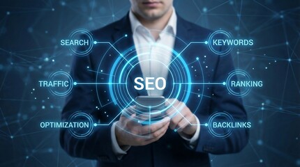 Businessman presenting SEO strategy with digital interface, symbolizing modern business solutions and innovation.