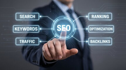 Businessman engaging with SEO interface to enhance search engine ranking and optimization for better online presence and growth