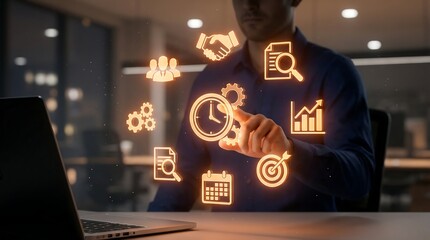 Businessman in a modern office interacts with digital productivity icons on his laptop, symbolizing efficient workflow and successful business strategies.