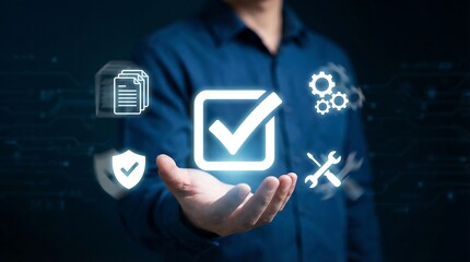 A businessman presents a digital checklist and icons for verification and maintenance, symbolizing efficient workflow and productivity in a modern business setting.