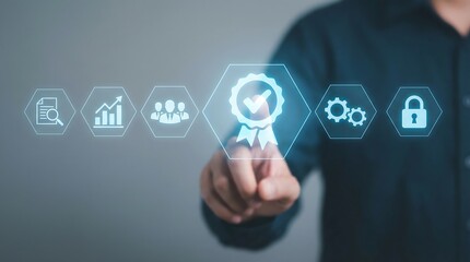 Businessman engaging with futuristic digital icons symbolizing quality control, security, and teamwork in a modern office setting, conveying innovation and professional success