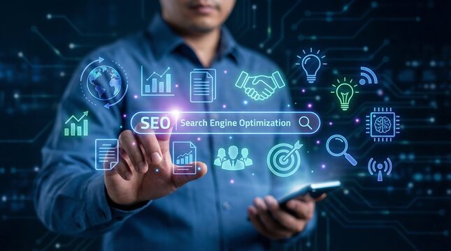 A man optimizes his SEO strategy on a smartphone, surrounded by digital icons and a futuristic circuit board background, representing modern business and online growth. - Powered by Adobe
