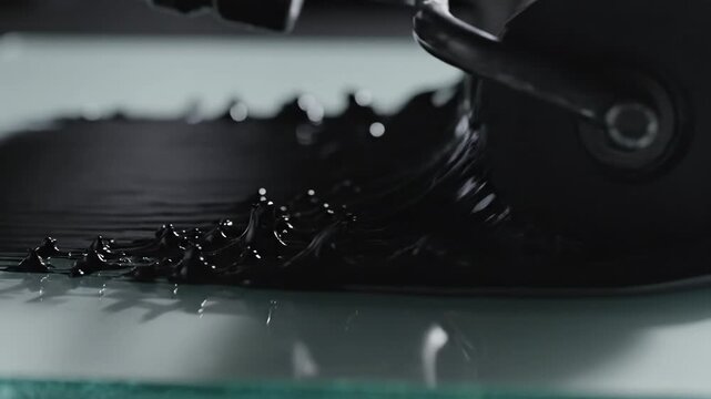 Close Up Of A Black Ink Roller Spreading Glossy Black Ink On A Smooth Light Colored Surface With Subtle Reflections And Dramatic Lighting