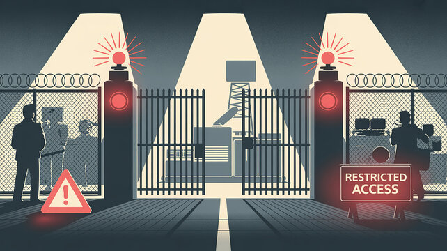 Restricted Access Entrance: A stern gate, marked with a Restricted Access sign, illuminated by warning lights, and guarded by silhouettes, signifies a place of controlled entry. 
