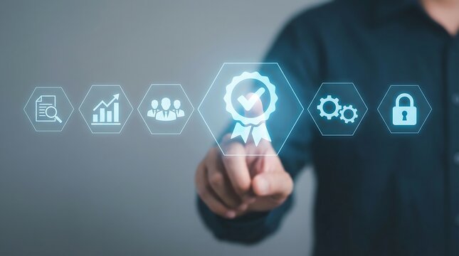 Businessman engaging with futuristic digital icons symbolizing quality control, security, and teamwork in a modern office setting, conveying innovation and professional success - Powered by Adobe