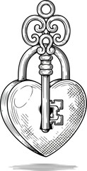 Romantic Heart Lock and Key Vintage Engraving for Valentine