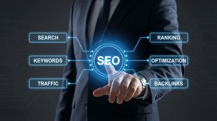 A businessman engages with digital SEO concepts, symbolizing growth and optimization in a modern, futuristic environment.