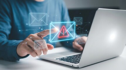 Man in blue shirt interacts with warning email notification on laptop, symbolizing cybersecurity threat or online risk