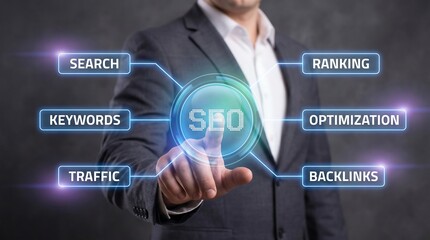 A businessman engages with digital SEO optimization concepts, representing modern business strategies and online growth.