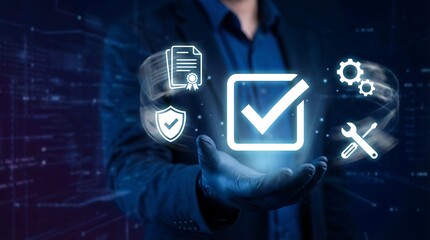 Businessman showcasing digital security and technology concepts in a futuristic setting, conveying innovation and expertise in data protection and software development.