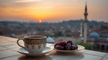 Ramadan coffee and dates on balcony at sunset with copy space for hospitality