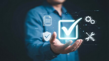 Businessman presenting a digital checklist with security and tools icons, symbolizing efficiency and productivity in a modern workspace.