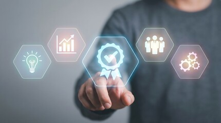 Businessman interacting with innovative technology icons for business solutions