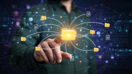 Man interacts with glowing digital folder icons on a futuristic interface, representing data storage and organization in a modern technological environment.