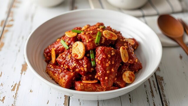 Authentic Korean spicy fermented hairtail fish (Galchi-sot-jeot) garnished with garlic and scallions in a white ceramic bowl. Traditional seafood side dish.