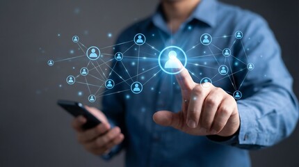 A man interacts with a social network on his smartphone, symbolizing modern digital connections and online relationships in a professional setting.
