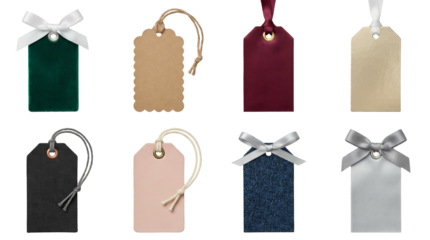 Gift tag set including velvet, kraft paper, metallic, glitter, and leather textures with ribbons isolated. Holiday present packaging and price label collection.