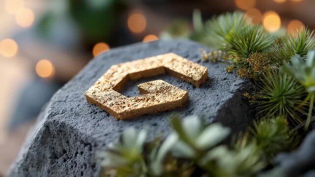 Golden geometric logo on rough rock with green plants