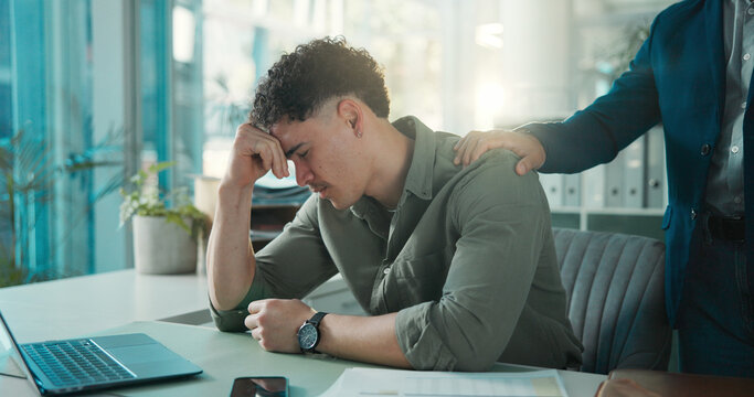 Man, sad and comfort in office, stress and thinking of unemployment, emotional and financial crisis. Employee, unhappy and person with depression for job loss and coworker with empathy for dismissal