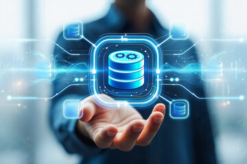 a man in a blue suit presenting a glowing digital database icon with futuristic circuit board elements floating around it