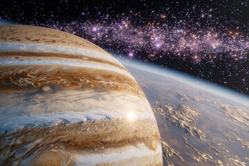 Stunning view of Jupiter's majestic clouds and rings, captured from a distant perspective with a backdrop of sparkling stars and galaxies illuminating the vast expanse of space.