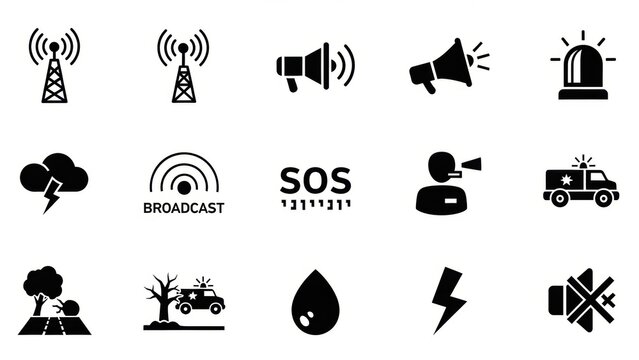 Vector icons for emergency communication, public safety, and disaster warnings. Broadcast, alerts, hazards, and rapid response symbols are essential for preparedness and notification