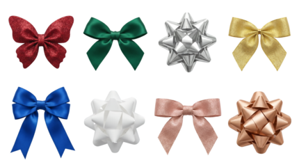 Colorful gift bow set including satin ribbon, metallic star, and glitter designs isolated. Festive decoration for birthday presents and holiday wrapping.