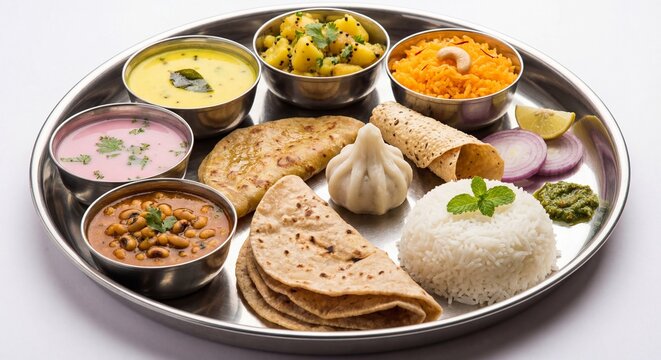 Traditional Maharashtrian Thali with Modak and Puran Poli - Festive Indian Vegetarian Food Platter
