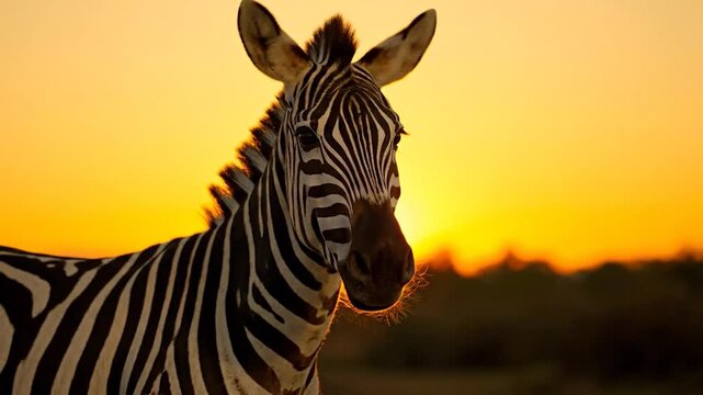 Close-up of a zebra's head and mane against a glowing sunset sky