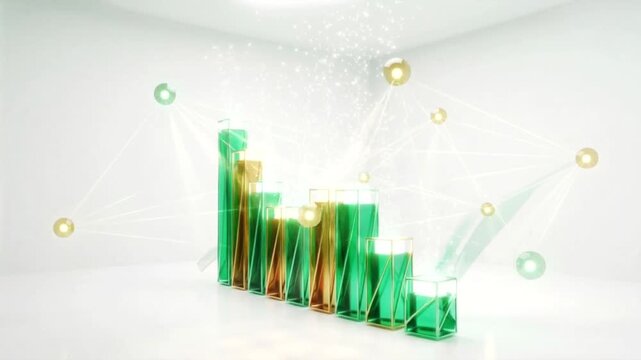 Green and gold bars rise with sparkling particles on a white background, arrows soar and merge into a network of glowing nodes, versatile business clip for presentations and promo
