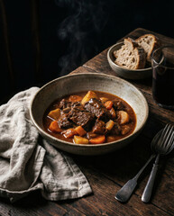 Fototapeta premium Rustic Beef Goulash Stew in Ceramic Bowl on Dark Wooden Table with Steam and Vintage Cutlery