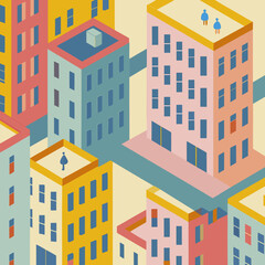 Colorful Isometric City Buildings Pixel Art Illustration