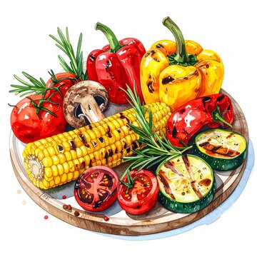 Grilled corn, peppers, zucchini, tomatoes, mushrooms, & rosemary on a round wooden board, watercolor style