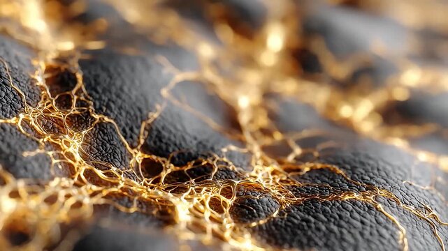 Abstract black leather texture with flowing golden veins