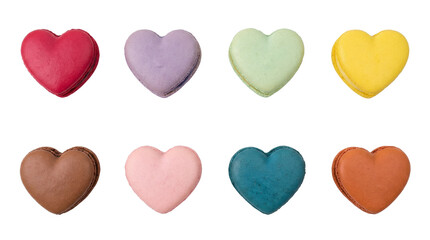 Fototapeta premium Colorful heart macaron set including red, purple, green, yellow, brown, pink, blue, and orange flavors isolated. Sweet romantic dessert collection for valentine's day.