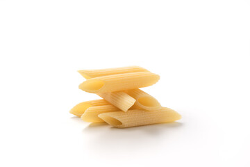 Italian dry penne rigate pasta over white background with shadow