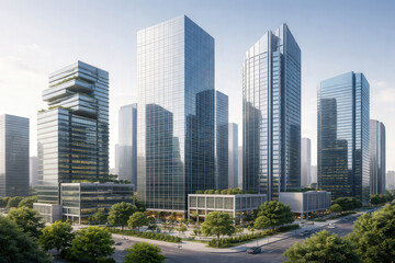 Fototapeta premium A modern business district featuring a cluster of sleek glass skyscrapers and office towers. The contemporary architecture is defined by reflective facades, clean geometric lines
