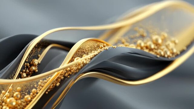 Abstract background of black satin interwoven with golden fluid particles
