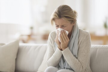 Sick Woman with Tissue and Hot Drink Feeling Flu at Home