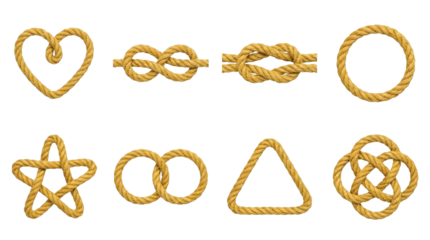Natural jute rope set including heart, knot, circle, star, interlocking rings, triangle, and celtic knot shapes isolated. Decorative maritime and craft design elements.