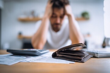 Stressed Man Checking Empty Wallet While Managing Household Bills