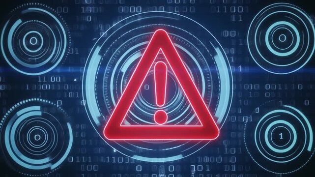 Red rounded warning triangle with white exclamation mark surrounded by digital interface rings and binary code on dark blue background.