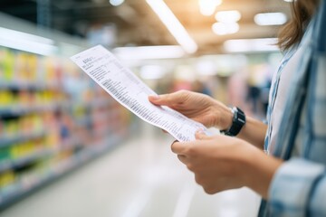 Woman Checking Shopping Receipt in Supermarket for Budget Control