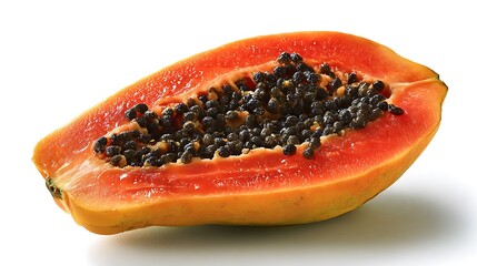 Single slice of fresh papaya with visible black seeds and moist flesh texture
