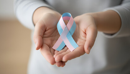 Close-up of cupped hands presenting pink-and-blue awareness ribbon indoors