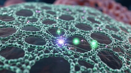 Close up of glowing green network structure with circular nodes and connections on a dark background with pinkish hues