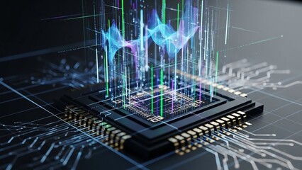 Microchip with glowing blue circuit lines and data visualization rising from its surface on a dark background