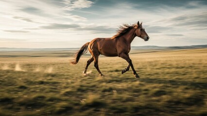 Majestic brown horse galloping freely across a vast golden prairie under a dramatic sky